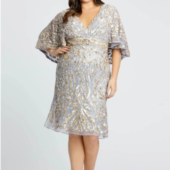 MAC DUGGAL 5191 CAPE SLEEVE GOLD SILVER MIDI DRESS sz 12 - Picture 1 of 4